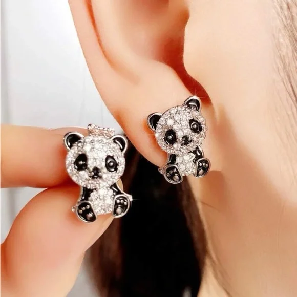 0.64Ct Zirconia & Silver Panda Earrings Cute Animal Stud Bear New - Picture 3 of 6